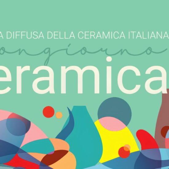 Graphic image with colorful writings on a green background, celebrating Italian ceramics with abstract shapes.