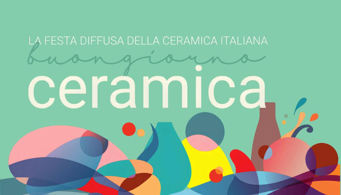 Graphic image with colorful writings on a green background, celebrating Italian ceramics with abstract shapes.
